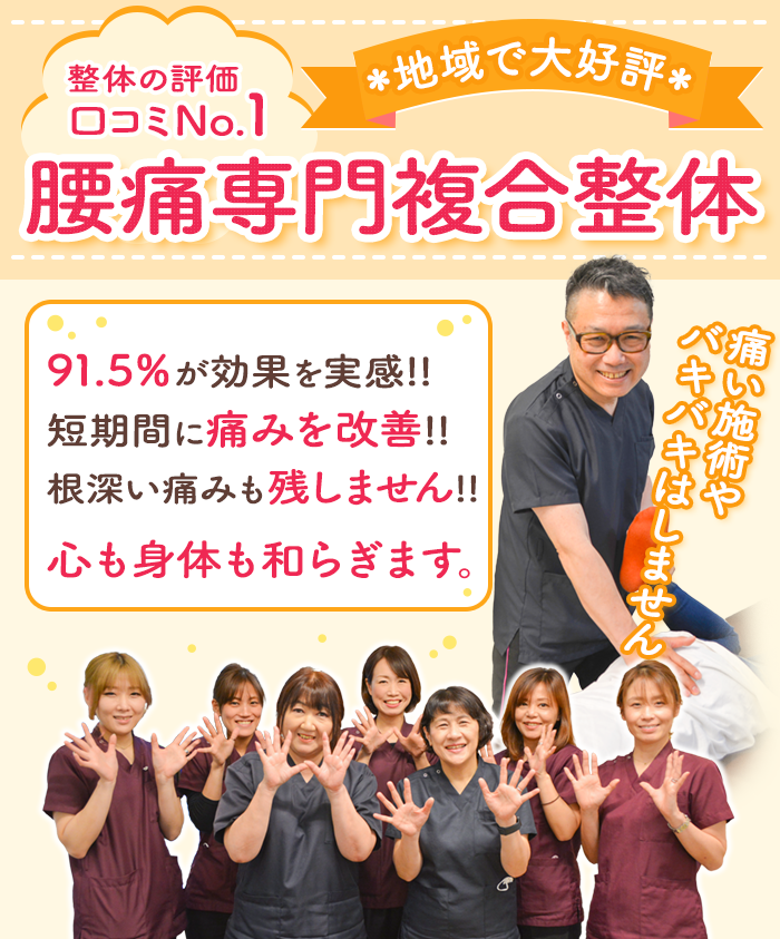 地域で大好評 整体の評価口コミNo.1 腰痛専門複合整体 91.5%が効果を実感!!短期間に痛みを改善!!根深い痛みも残しません!! 心も身体も和らぎます。痛い施術やバキバキはしません